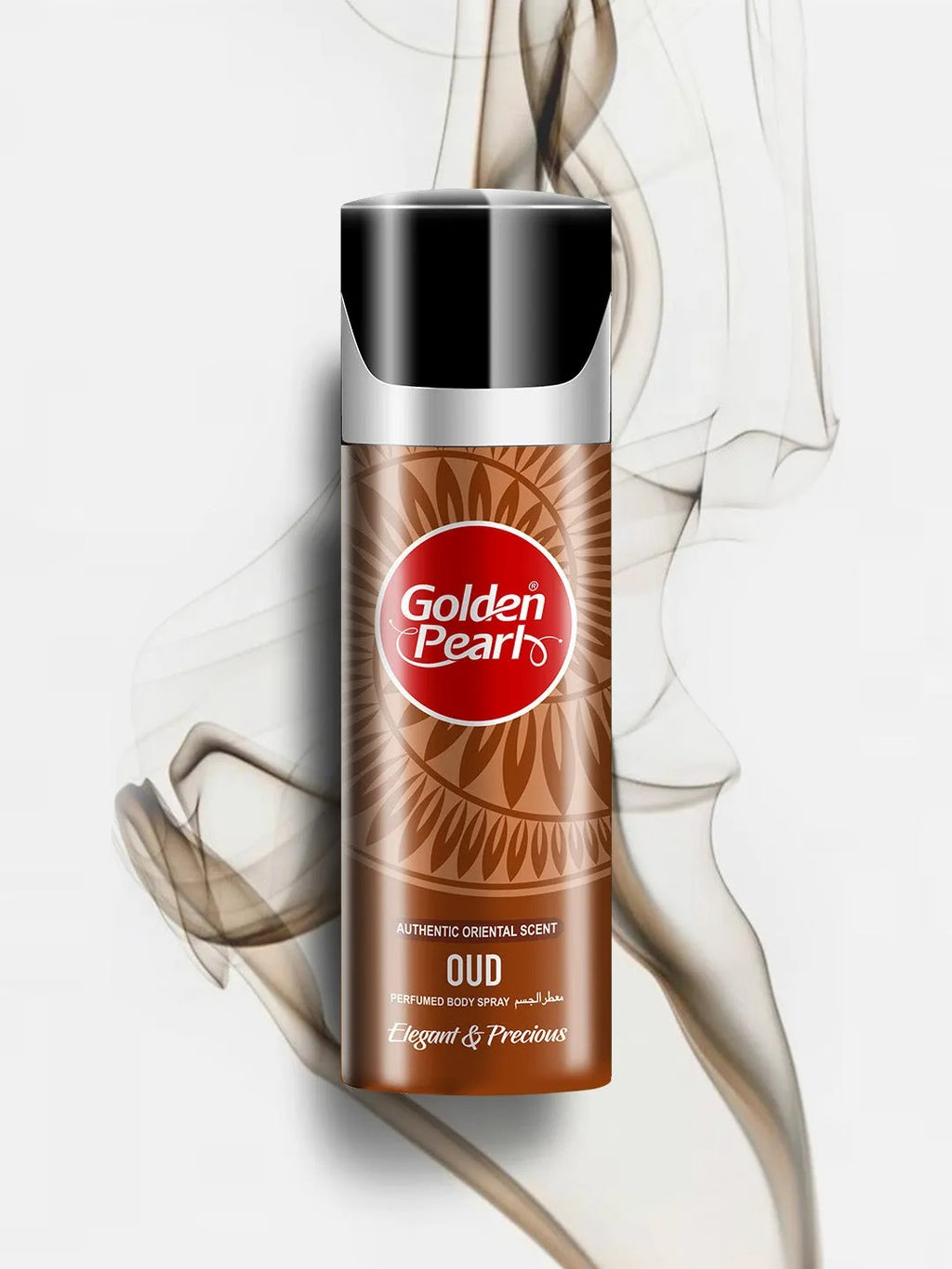 Golden Pearl Oud perfume spray bottle on a white background with smoke effect