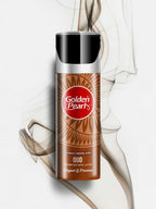 Golden Pearl Oud perfume spray bottle on a white background with smoke effect