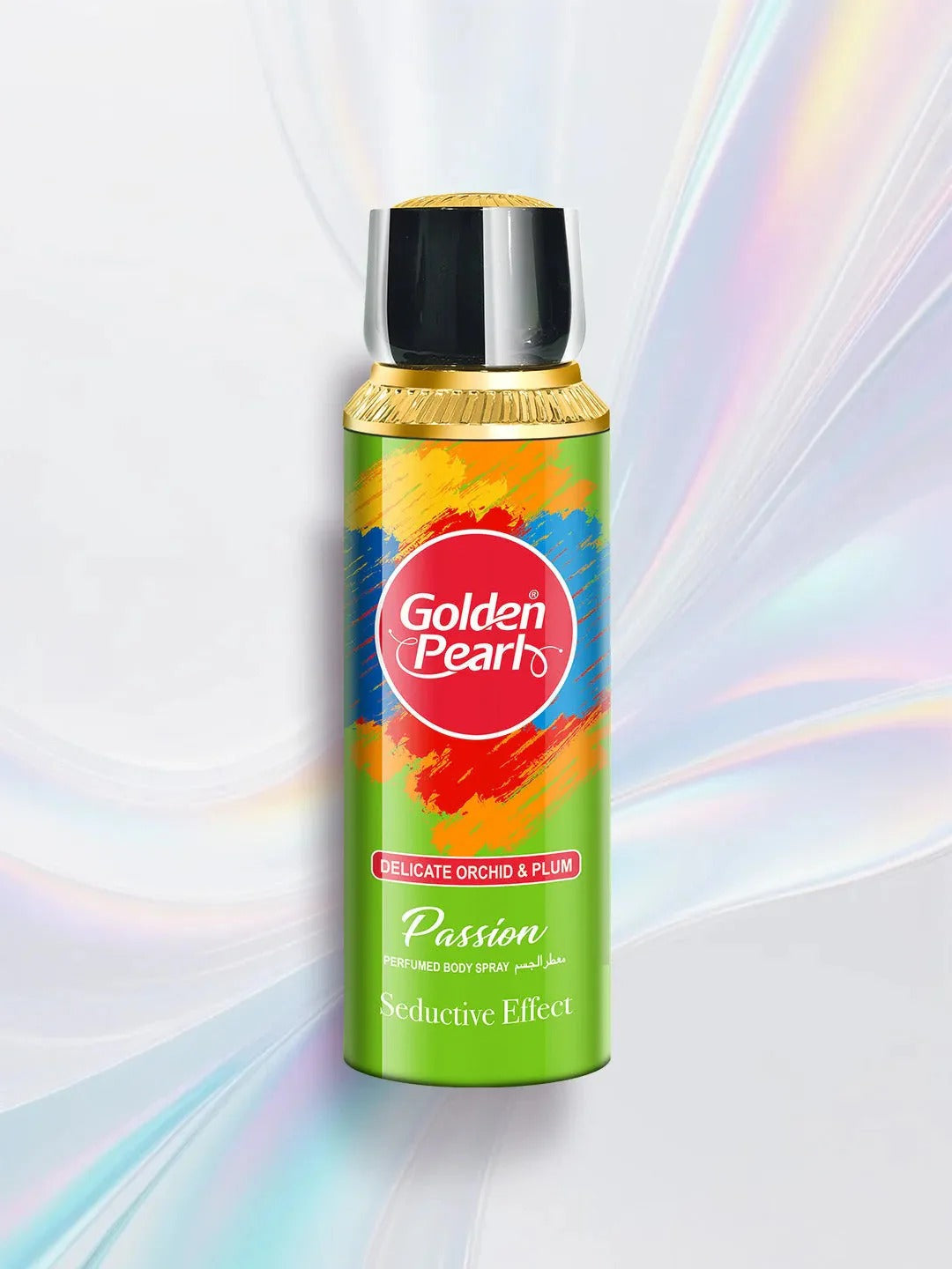 Golden Pearl perfume bottle on a colorful abstract background
