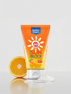 Sunblock tube with an orange on a white background