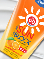 Sun block packaging with SPF 60 and vitamin C on a white background