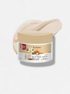 A jar of Golden Earth Body Butter in Nutrient Gel scent, shown with a decorative smear of the beige cream behind it on a light gray background.