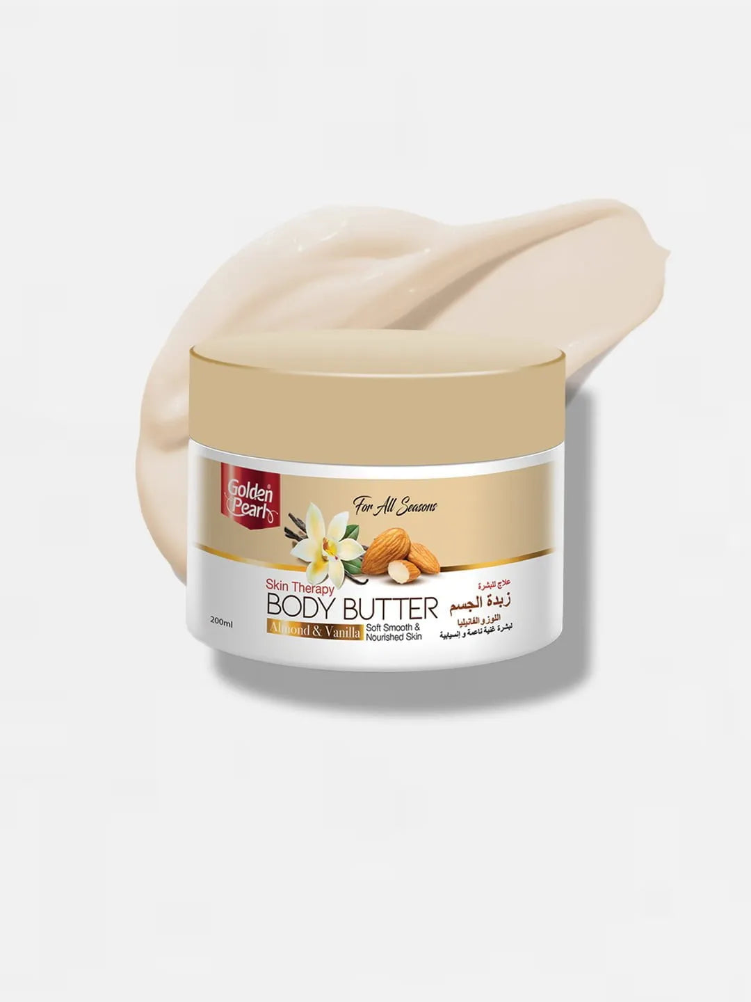 A jar of Golden Earth Body Butter in Nutrient Gel scent, shown with a decorative smear of the beige cream behind it on a light gray background.