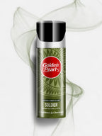 Golden Pearl Soldier perfume spray bottle on a white background with smoke effect