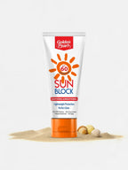 Tube of Golden Pearl sunblock with SPF 60 on a white background