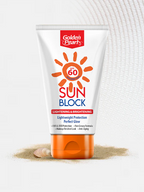 Tube of Golden Pearl sun block with SPF 60 on a white background
