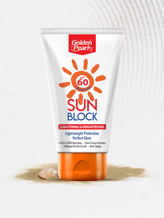 Tube of Golden Pearl sun block with SPF 60 on a white background
