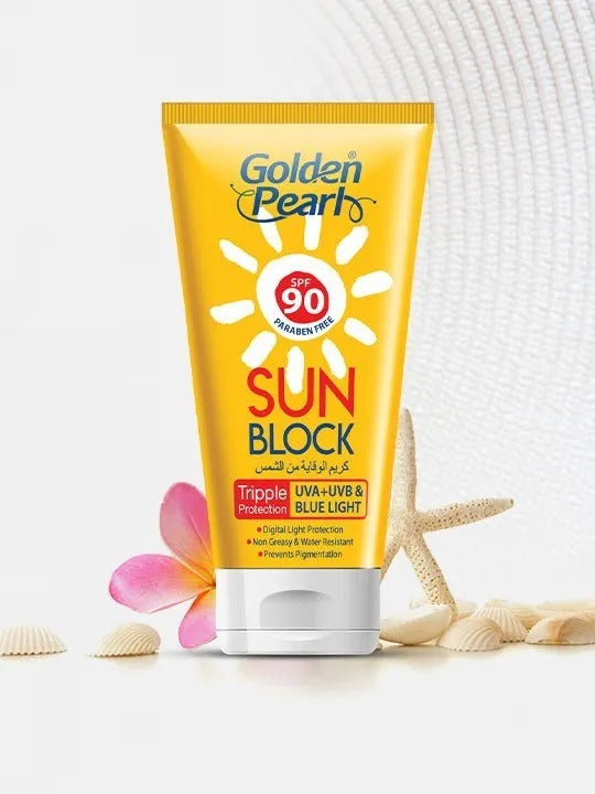 Golden Pearl sun block cream tube with SPF 90 on a white background