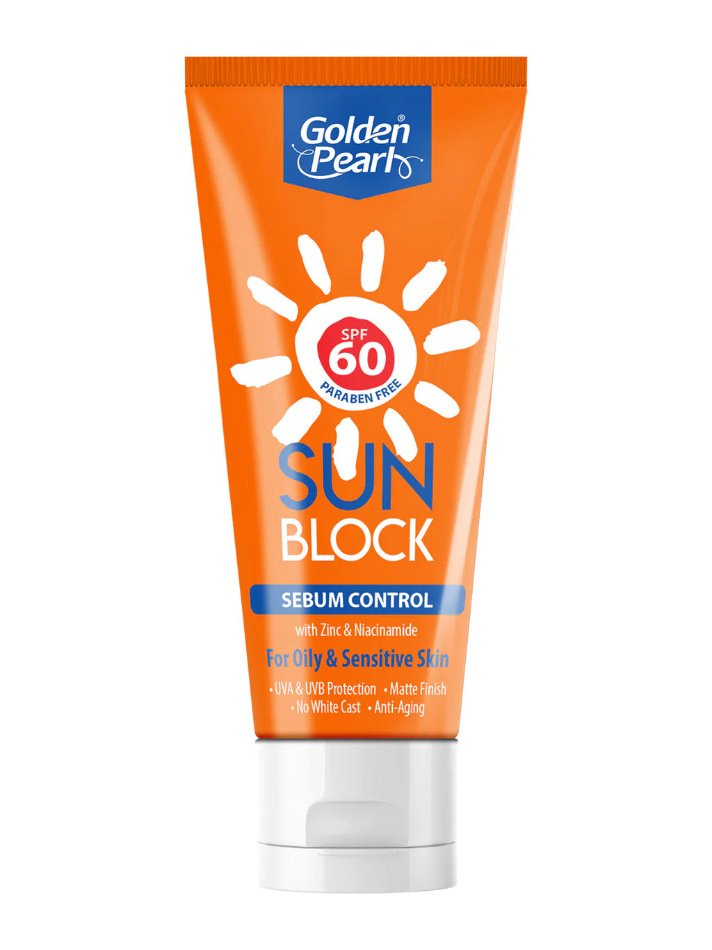 Tube of Golden Pearl sun block cream with SPF 60 on a white background