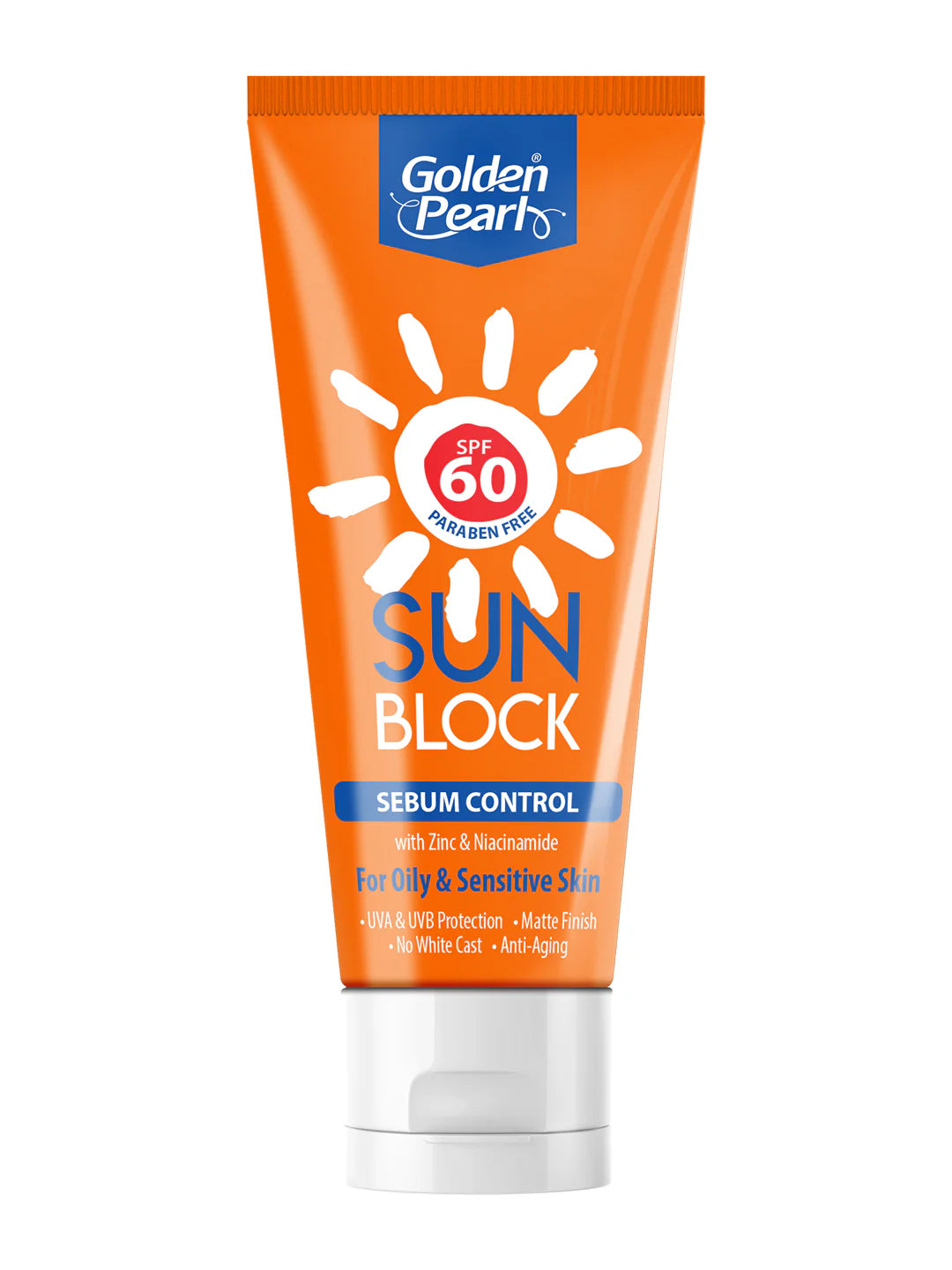 Tube of Golden Pearl sun block cream with SPF 60 on a white background