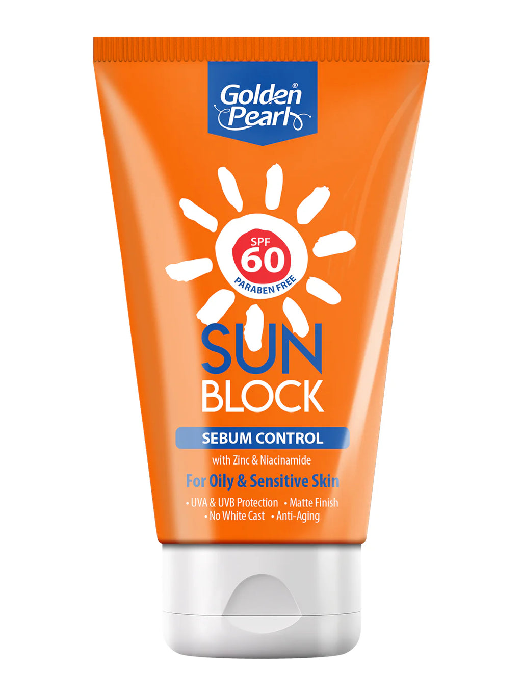 Orange tube of Golden Pearl sunblock with SPF 60 on a white background