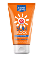 Orange tube of Golden Pearl sunblock with SPF 60 on a white background