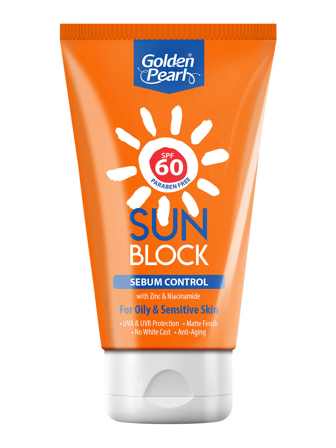 Orange tube of Golden Pearl sunblock with SPF 60 on a white background