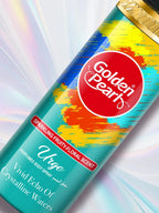 Body spray bottle with colorful label and 'Golden Pearl' branding on a light background