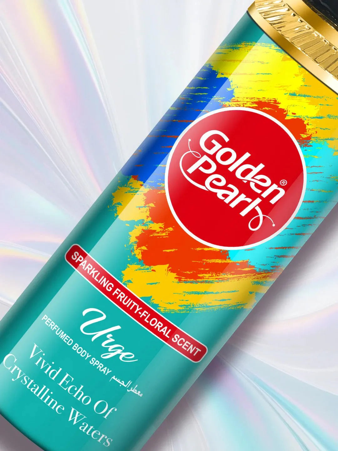 Body spray bottle with colorful label and 'Golden Pearl' branding on a light background