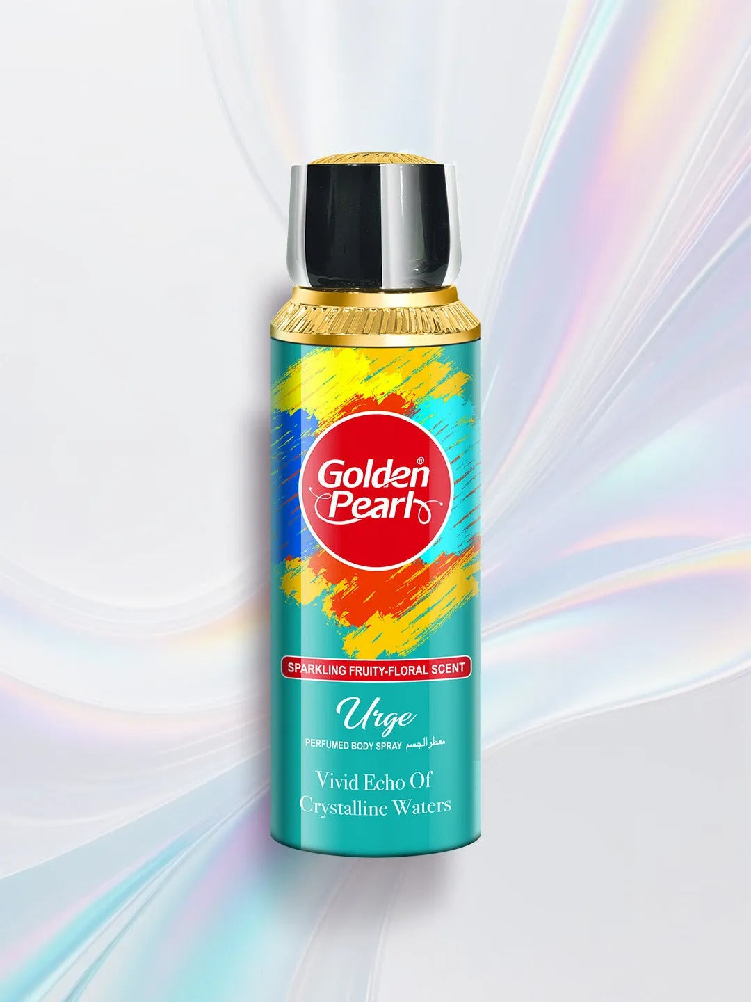 Golden Pearl body spray can on a colorful abstract background