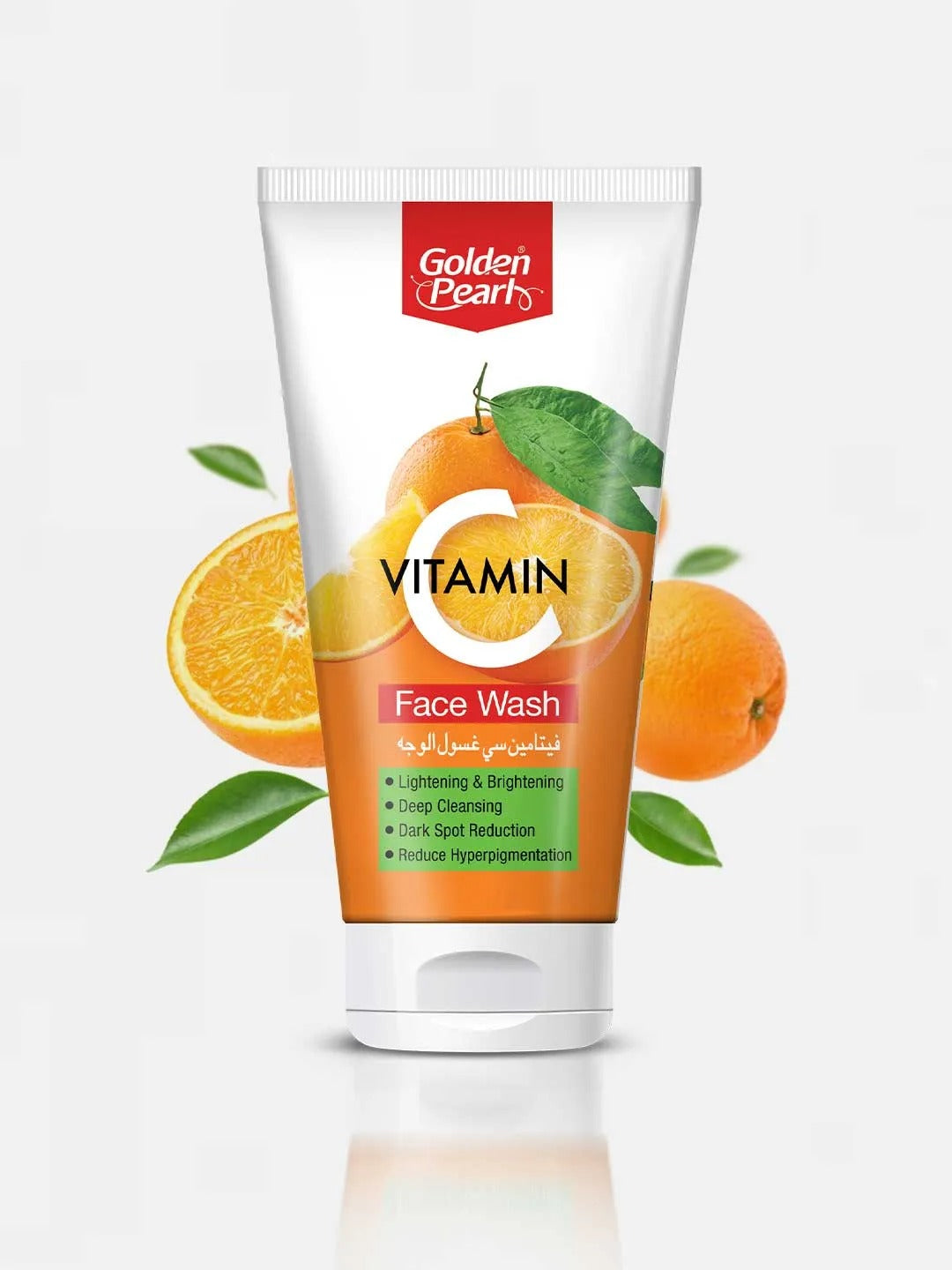 Tube of Golden Pearl Vitamin Face Wash with orange and leaf graphics on a white background