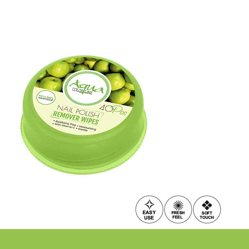 Green container of nail polish remover wipes with a visible brand label on a white background.