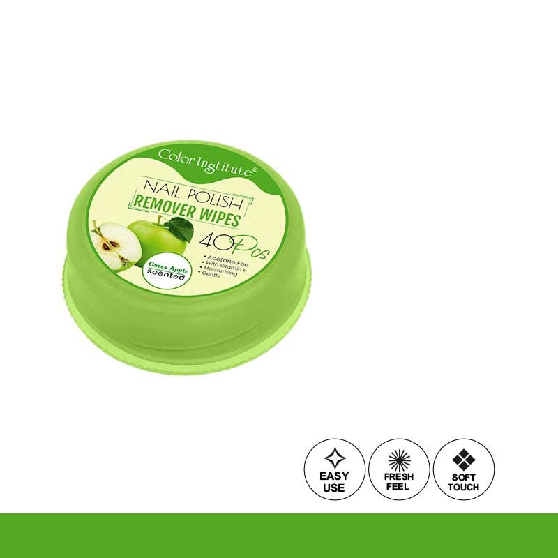 Green container of nail polish remover wipes with apple scent on a white background