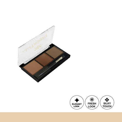 Makeup palette with three brown shades and a brush on a white background