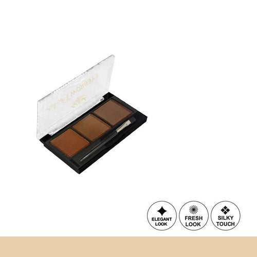 Makeup palette with three brown shades and a brush on a white background