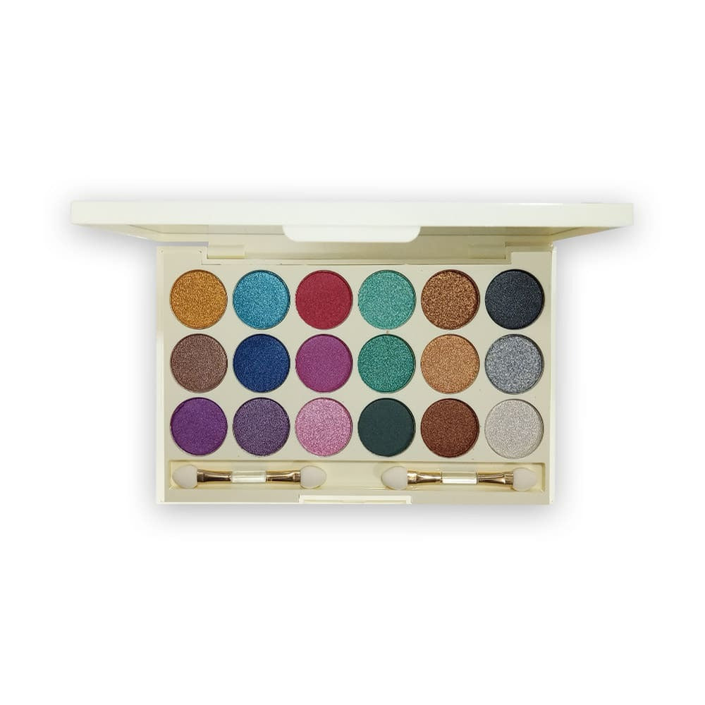 Makeup eyeshadow palette with various colors on a white background