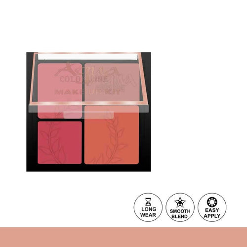 Makeup palette with four shades of blush in a clear case, featuring 'Color Make' branding.