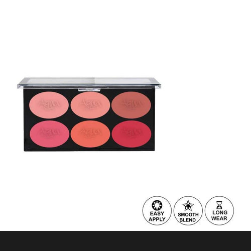 Makeup palette with pink and red shades on a white background