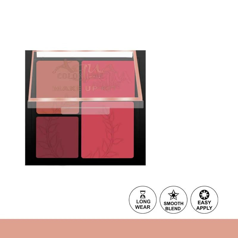 Makeup palette with blush shades in a clear case on a white background