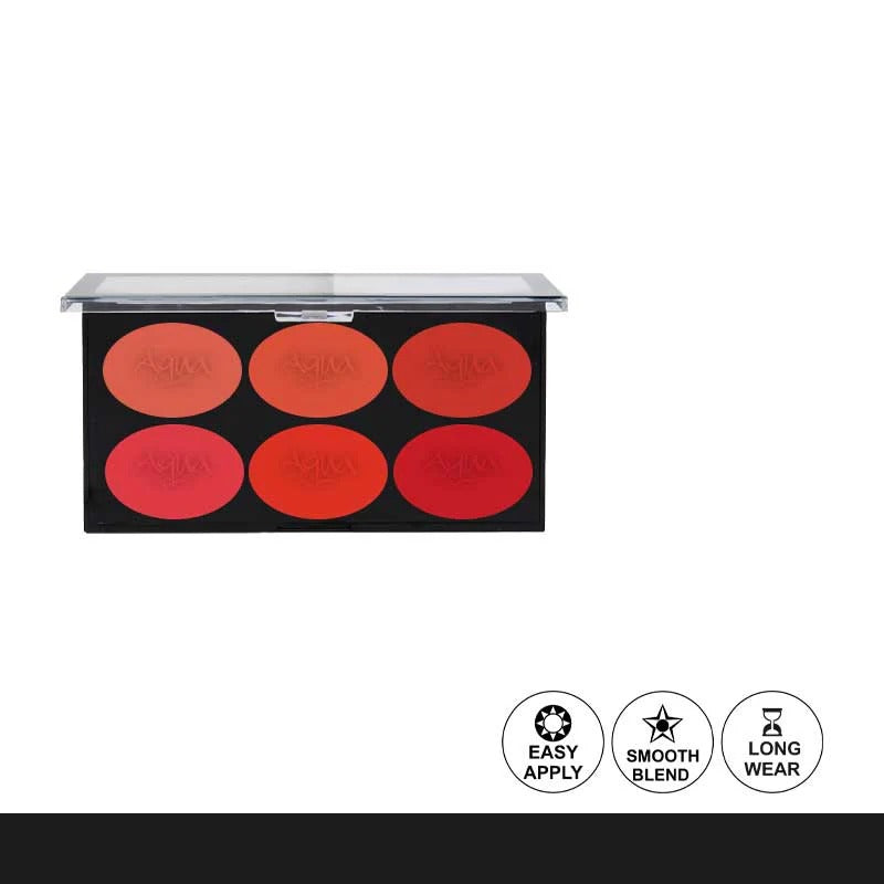 Makeup palette with red shades and brand name on a white background