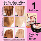Advertisement for Charisma Hands & Feet Glowing Soft Scrub with before and after images of dark spots on knuckles, under arms, and feet.