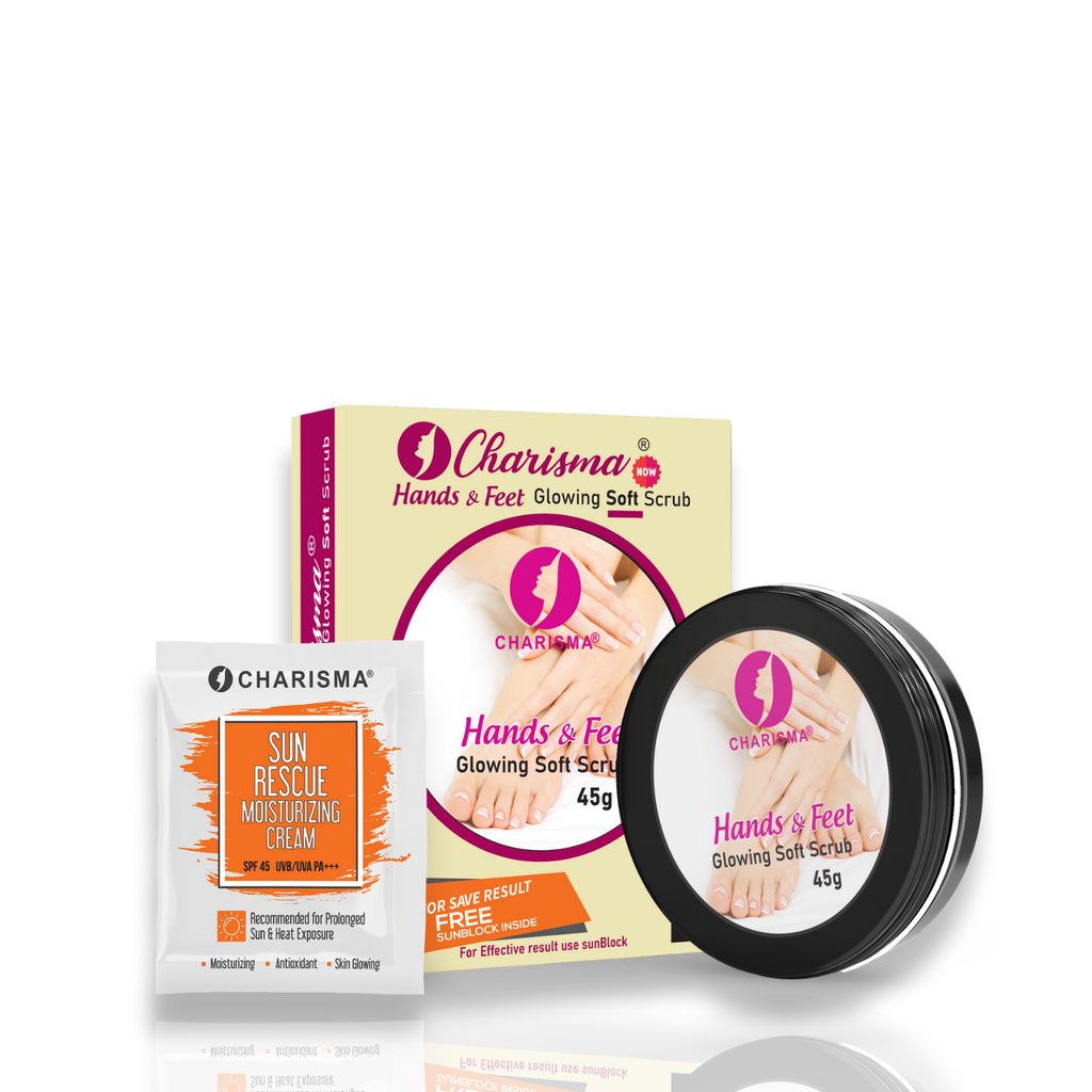 Charisma skincare products including a scrub, cream, and sachet on a white background