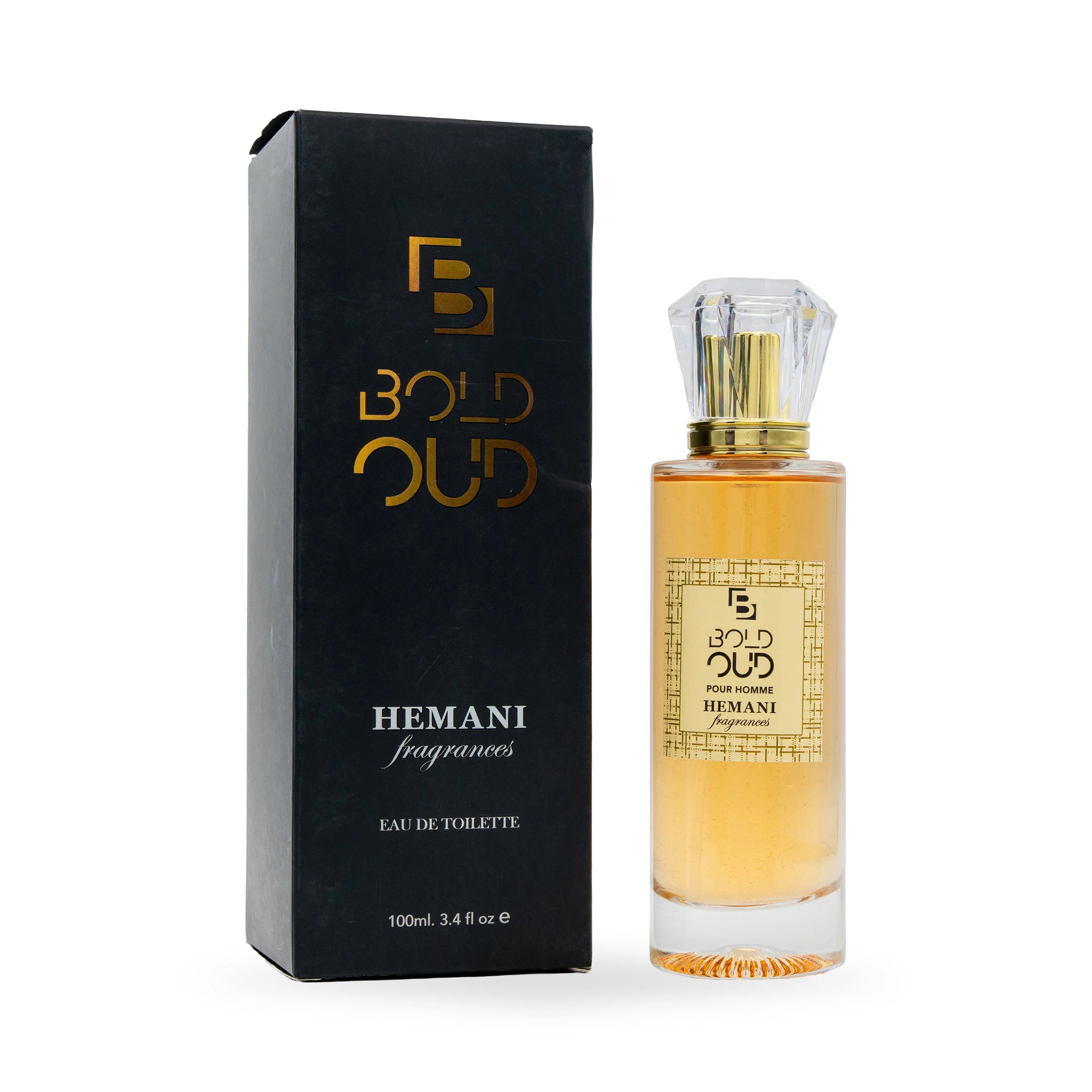 Hemani Bold Oud perfume bottle and packaging on a white background