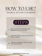 Instructions for using a double action cleanser with a beige background