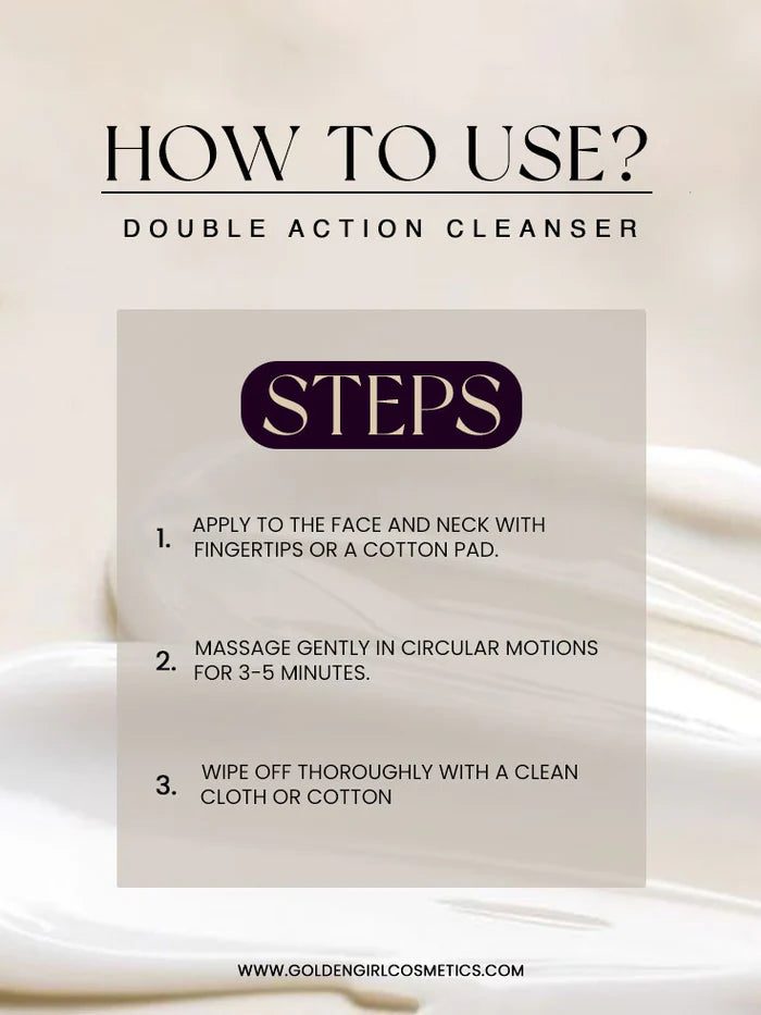 Instructions for using a double action cleanser with a beige background