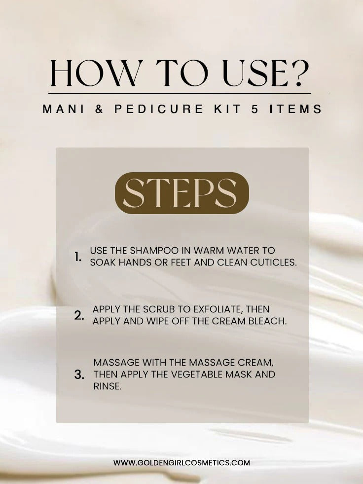 Instructions for using a Golden Girl Mani & Pedicure Kit 5 Items with a beige background