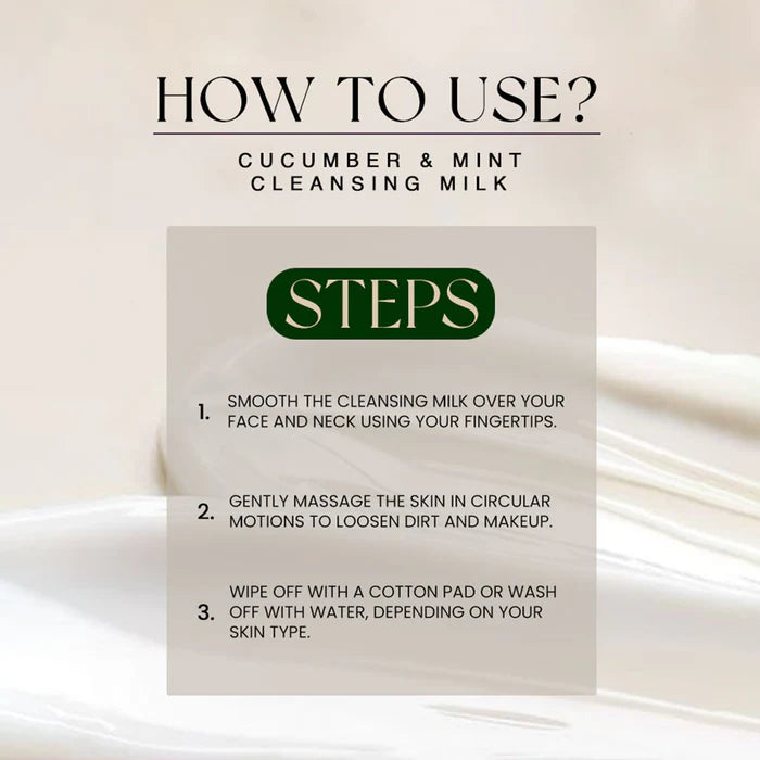 Instructions for using Golden Girl Cleansing Milk Cucumber & Mint on a beige background