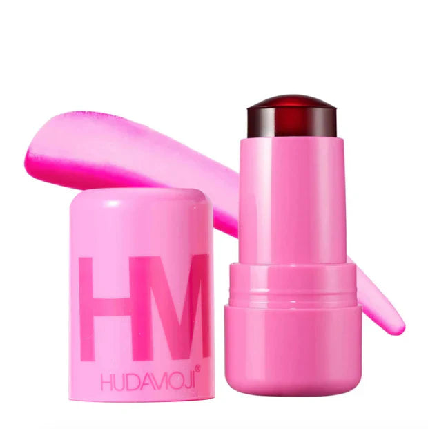 Pink makeup product with 'Hudamoji' branding on a white background