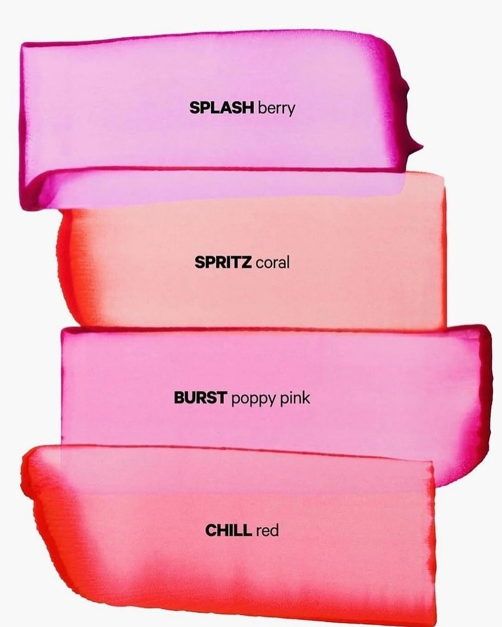 Four pink gradient pouches labeled 'Splash berry', 'Spritz coral', 'Burst poppy pink', and 'Chill red' on a white background.
