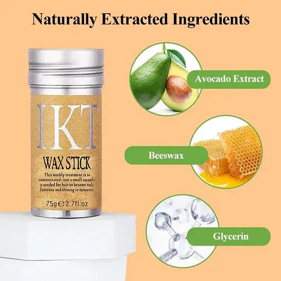 IKT wax stick with naturally extracted ingredients like avocado, beeswax, and glycerin on a peach background.