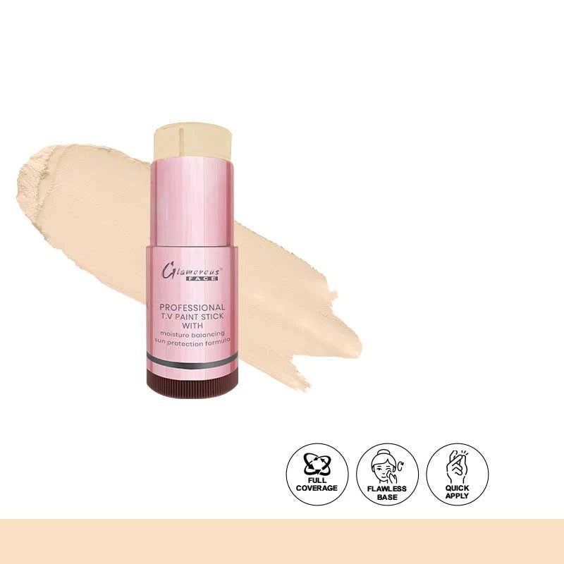 Pink foundation stick with beige color swatch on a white background