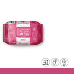Pink packaging of cleansing wipes with icons on a white background