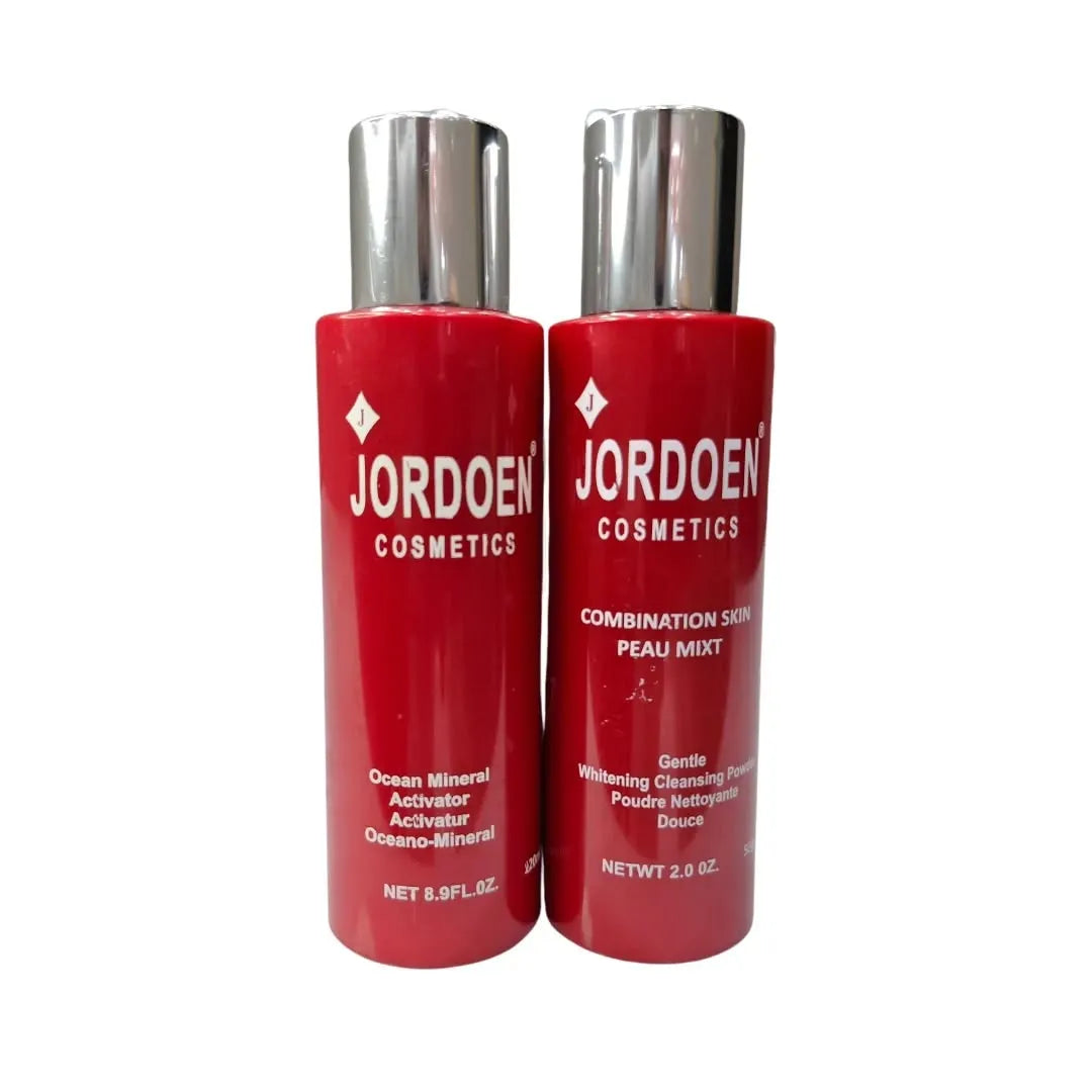 Two red bottles with silver caps from Jordoen Cosmetics on a white background