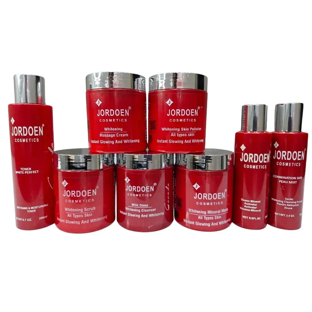 Red cosmetic jars with silver caps labeled 'Jordoen Cosmetics' on a white background