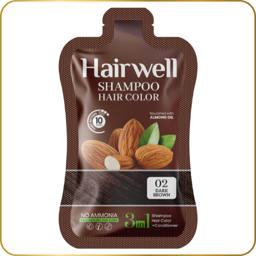 Hairwell shampoo hair color packet with almonds on a white background