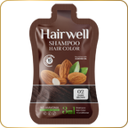Hairwell shampoo hair color packet with almonds on a white background