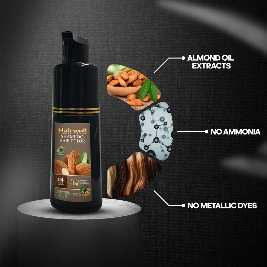 Hairwell shampoo bottle with almond oil extracts and no ammonia/ametallic dyes on a dark background