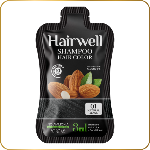 Hairwell shampoo hair color packaging with almonds on a white background