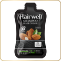Hairwell shampoo hair color packaging with almonds on a white background