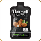 Hairwell shampoo hair color packaging with almonds on a white background